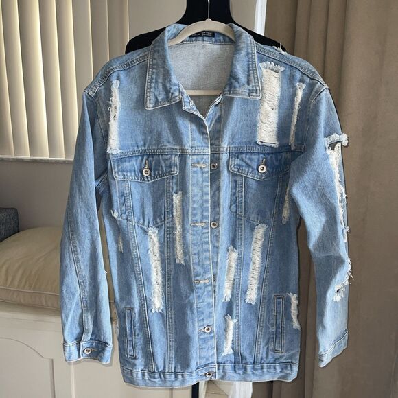 SHEIN Jackets & Blazers - Oversized distressed ripped Front Pocket Denim jean Jacket M